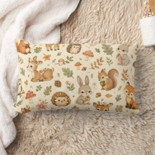 Cute Woodland Forest Animals Watercolor Pattern Lumbar Pillow