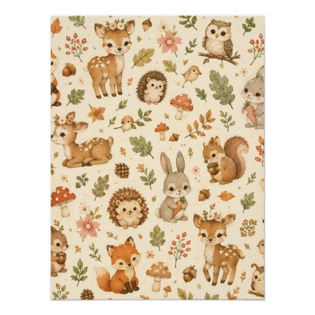 Cute Woodland Forest Animals Watercolor Pattern  Poster (Front)