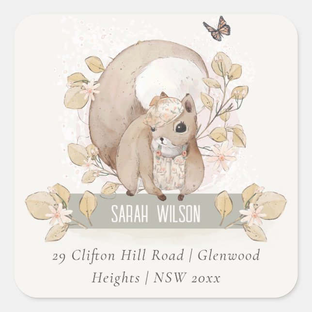 Cute Woodland Forest Floral Squirrel Address Square Sticker (Front)