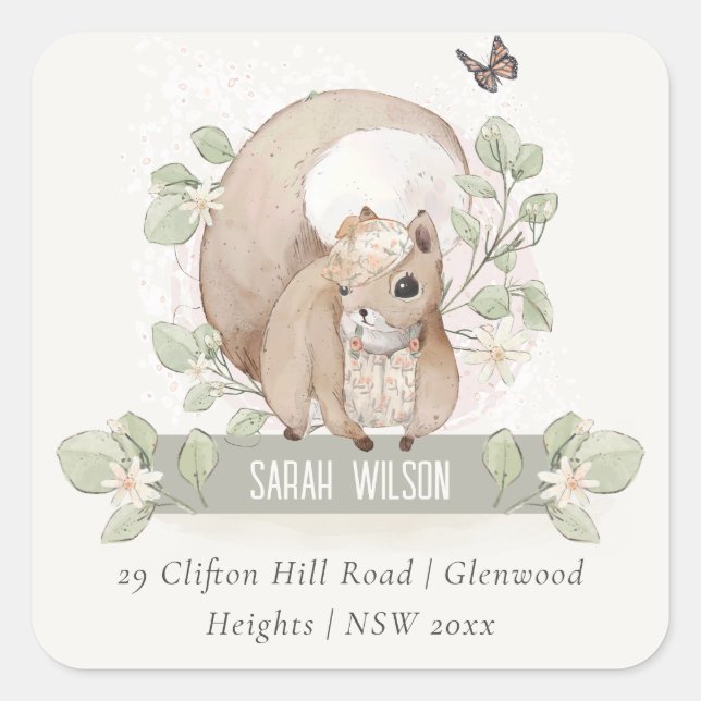 Cute Woodland Forest Floral Squirrel Address  Square Sticker (Front)