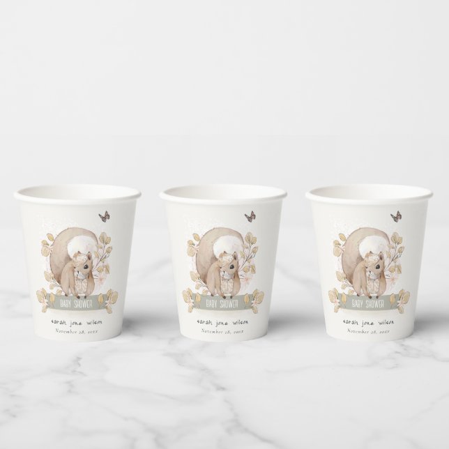 Cute Woodland Forest Floral Squirrel Baby Shower Paper Cups (Multi)
