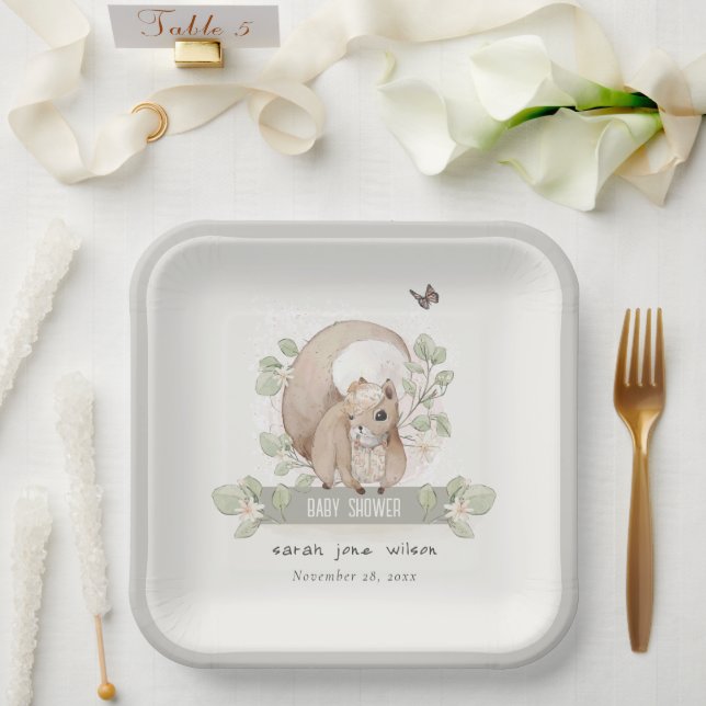 Cute Woodland Forest Floral Squirrel Baby Shower Paper Plate (Wedding)