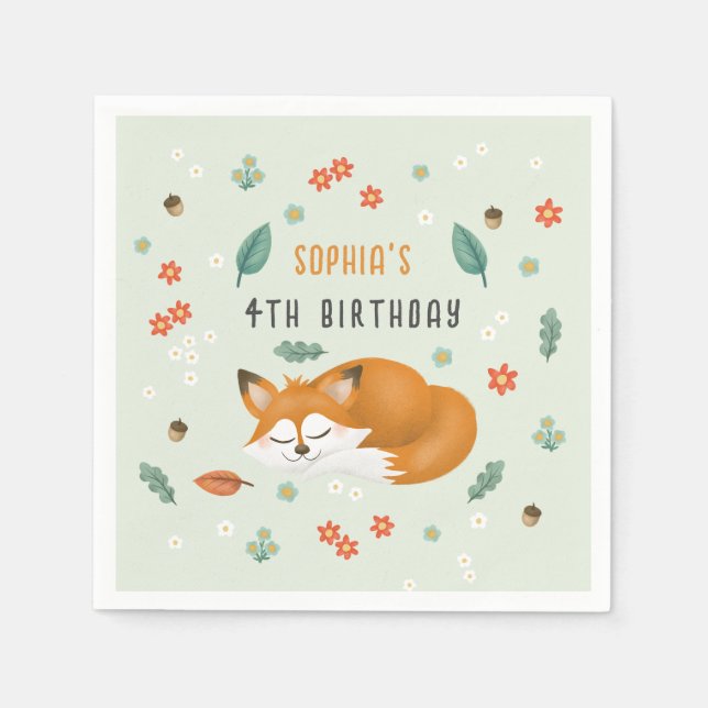 Cute Woodland Forest Fox Kids Birthday Napkin (Front)