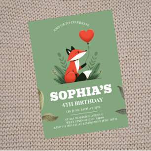 Cute Woodland Fox 4th Birthday Invitations
