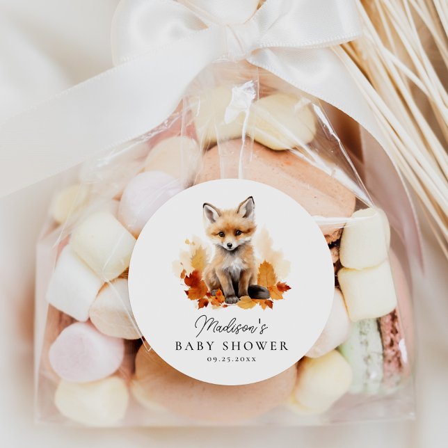 Cute Woodland Fox Fall Baby Shower Classic Round Sticker (Creator Uploaded)