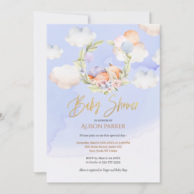 Cute Woodland Fox Floral Blue Sky Baby Shower Invitation (Front)