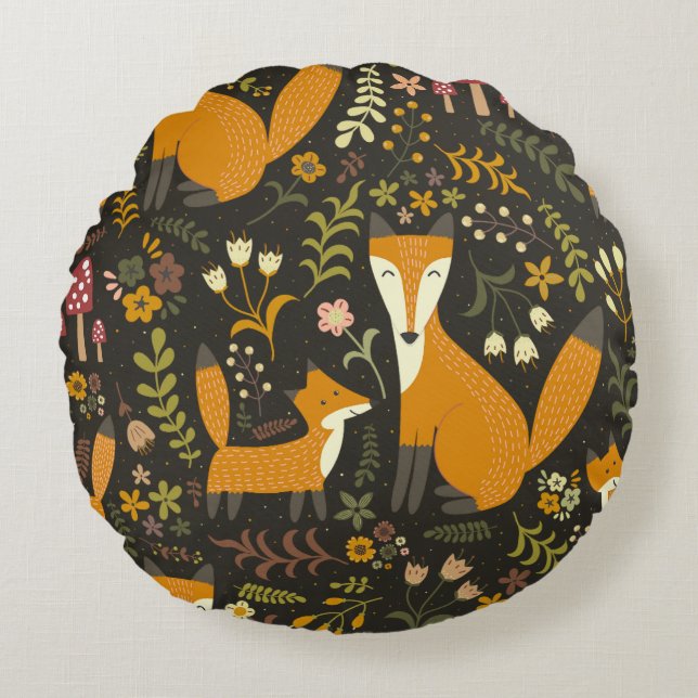 Cute Woodland Fox Pattern Bedroom or Nursery Round Pillow (Front)