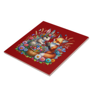 Cute woodland fox rabbit tile