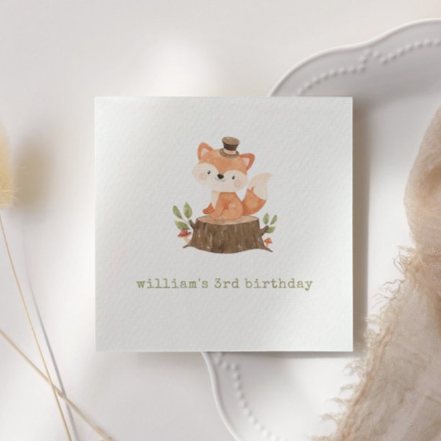 Cute Woodland Fox Sage Green Birthday Party Napkin (Creator Uploaded)