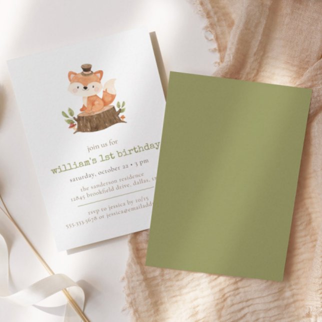 Cute Woodland Fox Sage Green Minimalist Birthday Invitation (Creator Uploaded)