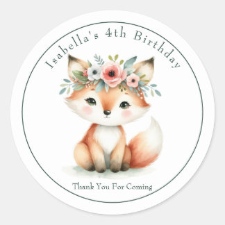 Cute Woodland Fox "Thank You" Birthday Favour Classic Round Sticker