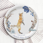 Cute Woodland Fox Watercolor Floral Baby Shower Paper Plate<br><div class="desc">Cute Woodland Fox Watercolor Floral Baby Shower Paper Party Plates features a cute watercolor fox surrounded by boho feathers and flowers in blue,  grey and brown on a white background with your personalized name and date below. Edit the the text in the text boxes provided to personalize.</div>