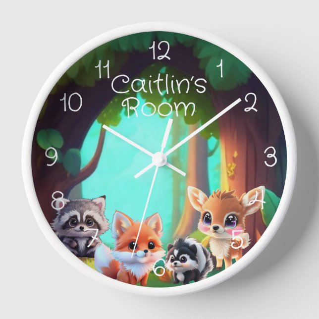 Cute Woodland friends fox skunk raccoon deer Clock (Front)