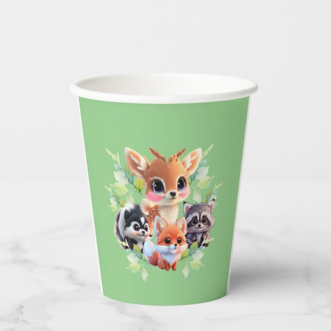 Cute Woodland friends fox skunk raccoon deer Paper Cups (Front)