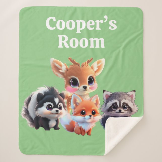 Cute Woodland friends fox skunk raccoon deer Sherpa Blanket (Front)