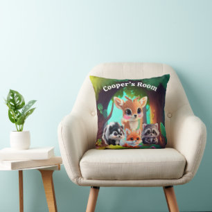 Cute Woodland friends fox skunk raccoon deer Throw Pillow