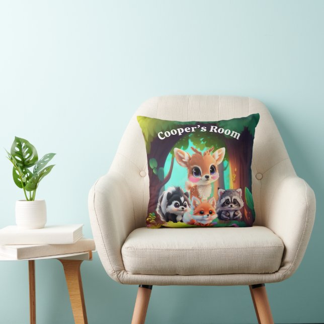 Cute Woodland friends fox skunk raccoon deer Throw Pillow (Chair)