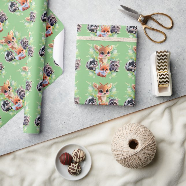 Cute Woodland friends fox skunk raccoon deer Wrapping Paper (Crafts)