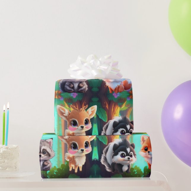 Cute Woodland friends fox skunk raccoon deer Wrapping Paper (Party Gifts)
