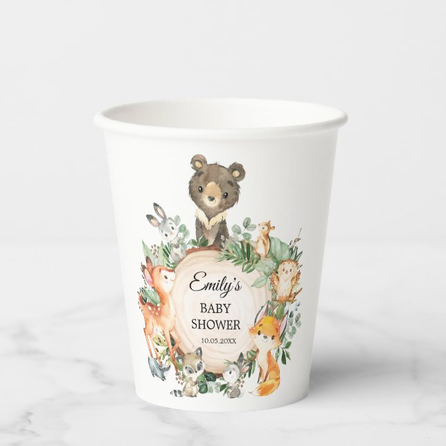 Cute Woodland Greenery Animals Neutral Baby Shower Paper Cups (Front)