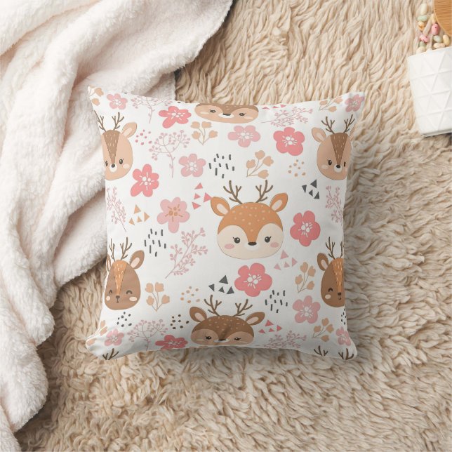 Cute Woodland Hedgehog and Flowers Throw Pillow (Blanket)