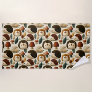 Cute Woodland Hedgehog and Mushroom Pattern Beach Towel