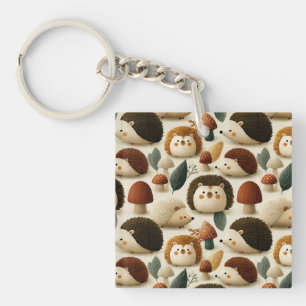 Cute Woodland Hedgehog and Mushroom Pattern Keychain