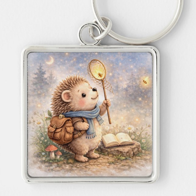 Cute Woodland Hedgehog & Firefly Keychain (Front)