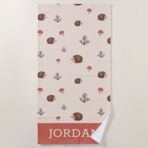 Cute Woodland Hedgehog & Mushroom Pattern Beach Towel