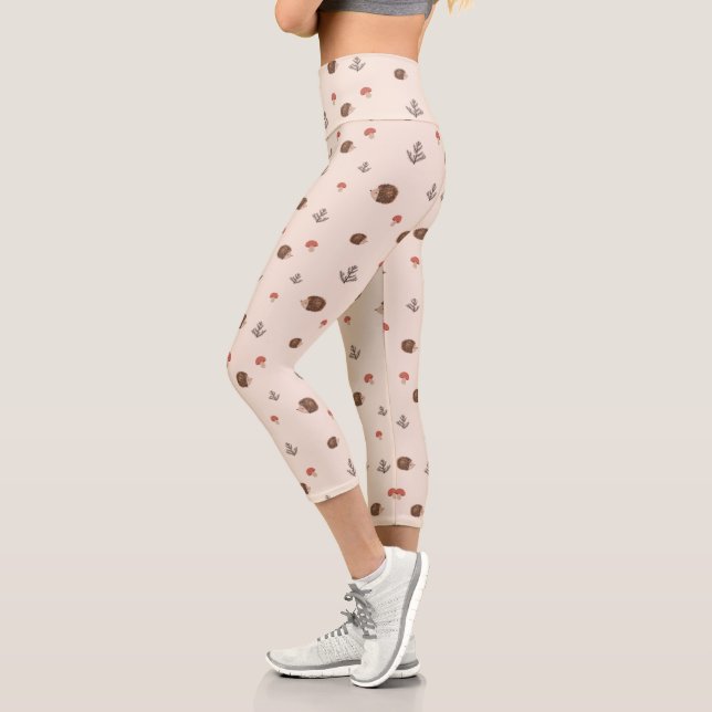 Cute Woodland Hedgehog & Mushroom Pattern Capri Leggings (Left)