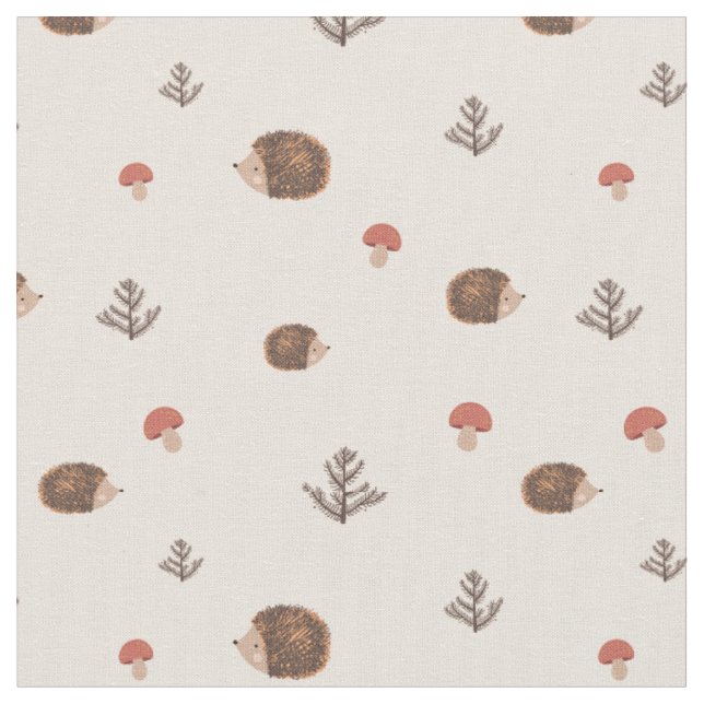 Cute Woodland Hedgehog & Mushroom Pattern Fabric (Close Up)