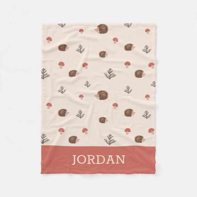 Cute Woodland Hedgehog & Mushroom Pattern Fleece Blanket (Front)