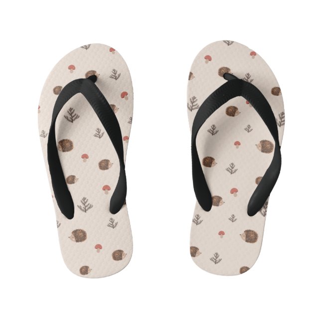 Cute Woodland Hedgehog & Mushroom Pattern Kid's Flip Flops (Footbed)