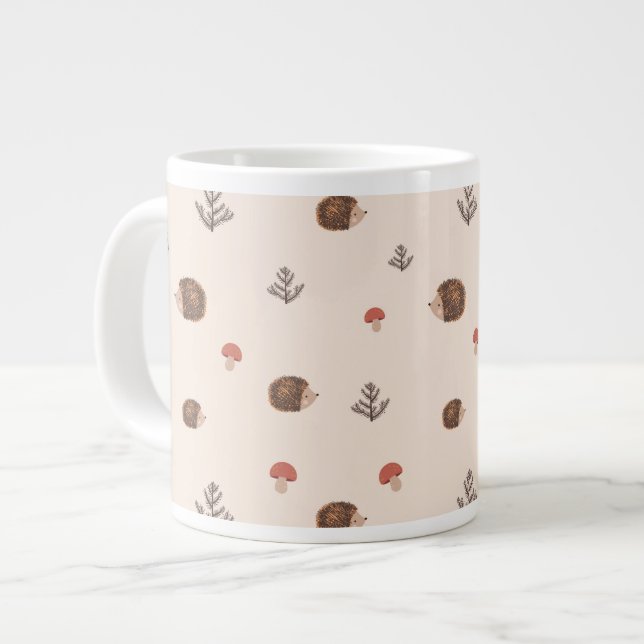 Cute Woodland Hedgehog & Mushroom Pattern Large Coffee Mug (Front Left)