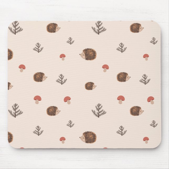 Cute Woodland Hedgehog & Mushroom Pattern Mouse Pad (Front)