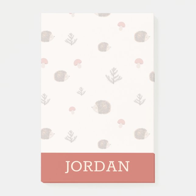 Cute Woodland Hedgehog & Mushroom Pattern Post-it Notes (Front)