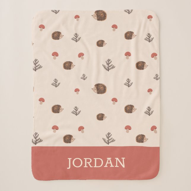 Cute Woodland Hedgehog & Mushroom Pattern Sherpa Blanket (Front)