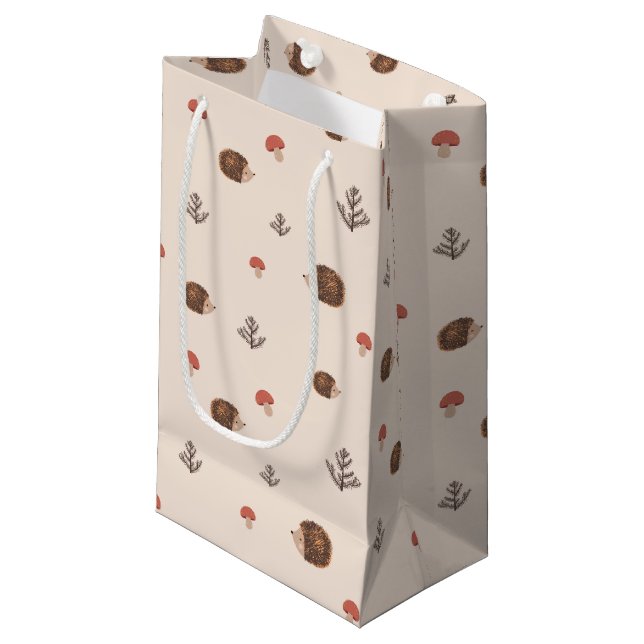 Cute Woodland Hedgehog & Mushroom Pattern Small Gift Bag (Front Angled)