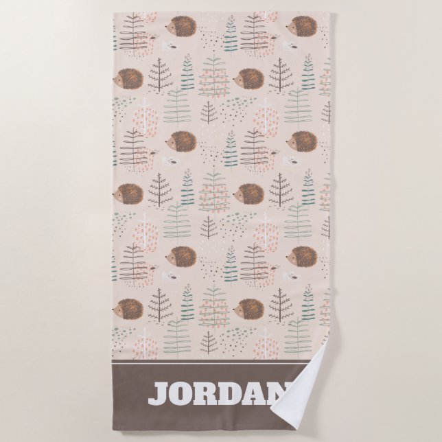 Cute Woodland Hedgehog Pattern Beach Towel (Front)