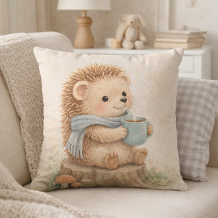 Cute Woodland Hedgehog with Mug Neutral Kids Room Throw Pillow