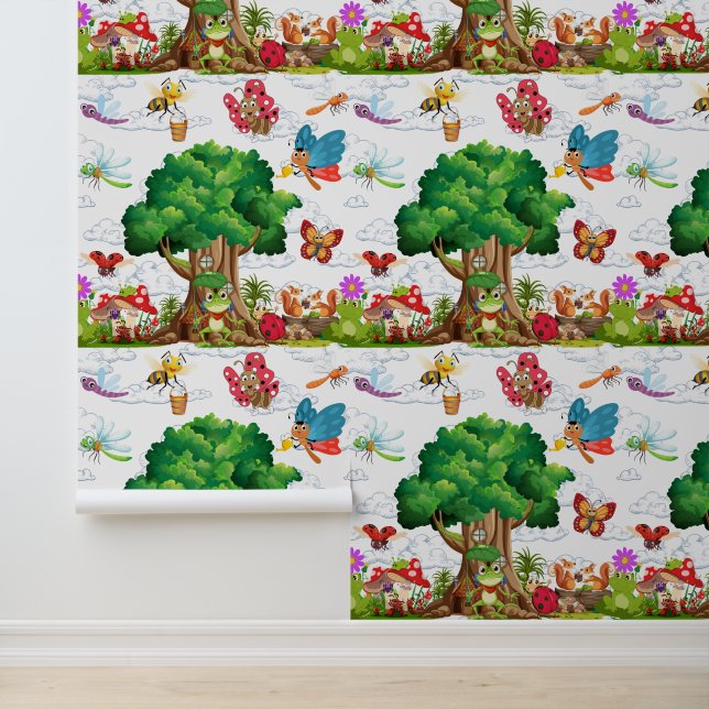 Cute Woodland Insects & Frog Treehouse Kids Wallpaper (Application)