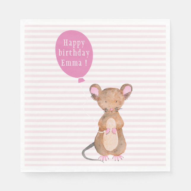 Cute Woodland Mouse Custom Birthday Paper Napkins (Front)