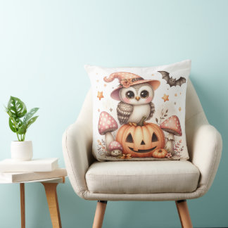 Cute woodland owl and pumpkin design throw pillow
