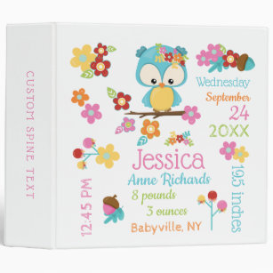 Cute Woodland Owl Baby Book Girl Birth Stats Album Binder