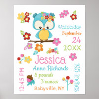 Cute Woodland Owl Baby Girl Birth Record Stats