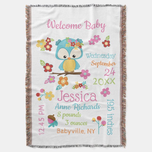 Cute Woodland Owl Baby Girl Birth Record Stats Throw Blanket (Front Vertical)