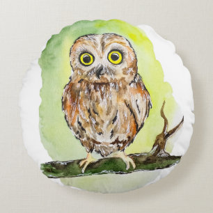 Cute woodland owl watercolor painting round pillow