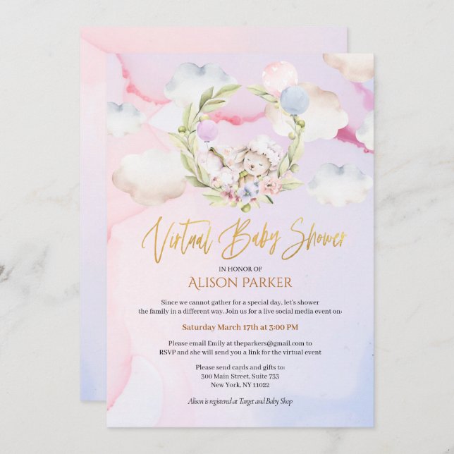 Cute Woodland Rabbit Floral Pink Virtual Shower Invitation (Front/Back)
