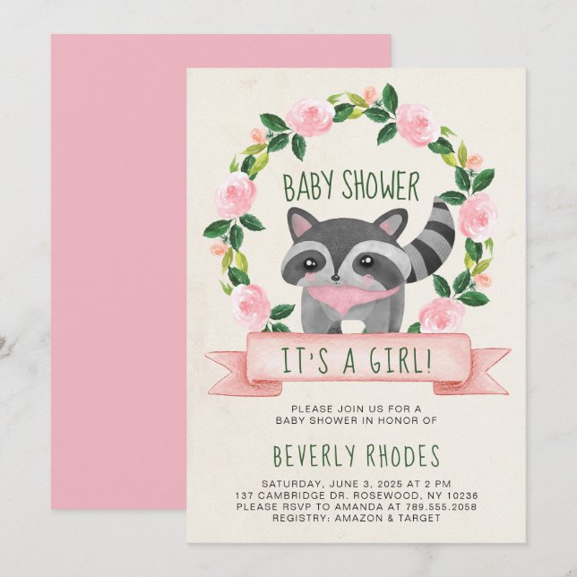 Cute Woodland Raccoon Baby Shower It's a Girl Invitation (Front/Back)
