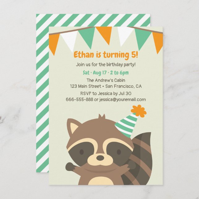 Cute Woodland Raccoon Birthday Party Invitations (Front/Back)